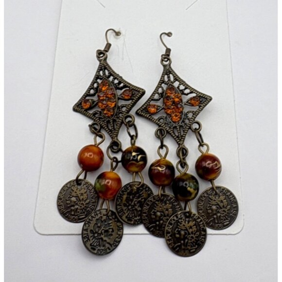 Vintage French Coin Chandelier Earrings Dangle with Orange Rhinestones Retro - Picture 6 of 6